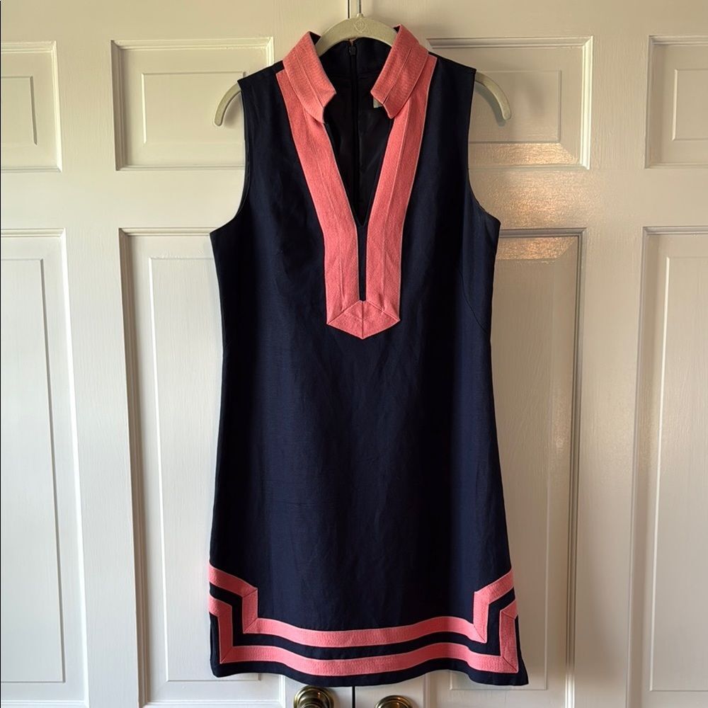 ELIZA J NAVY BLUE CORAL PINK PREPPY SHEATH TUNIC DRESS CONTRAST BANDING SZ 8